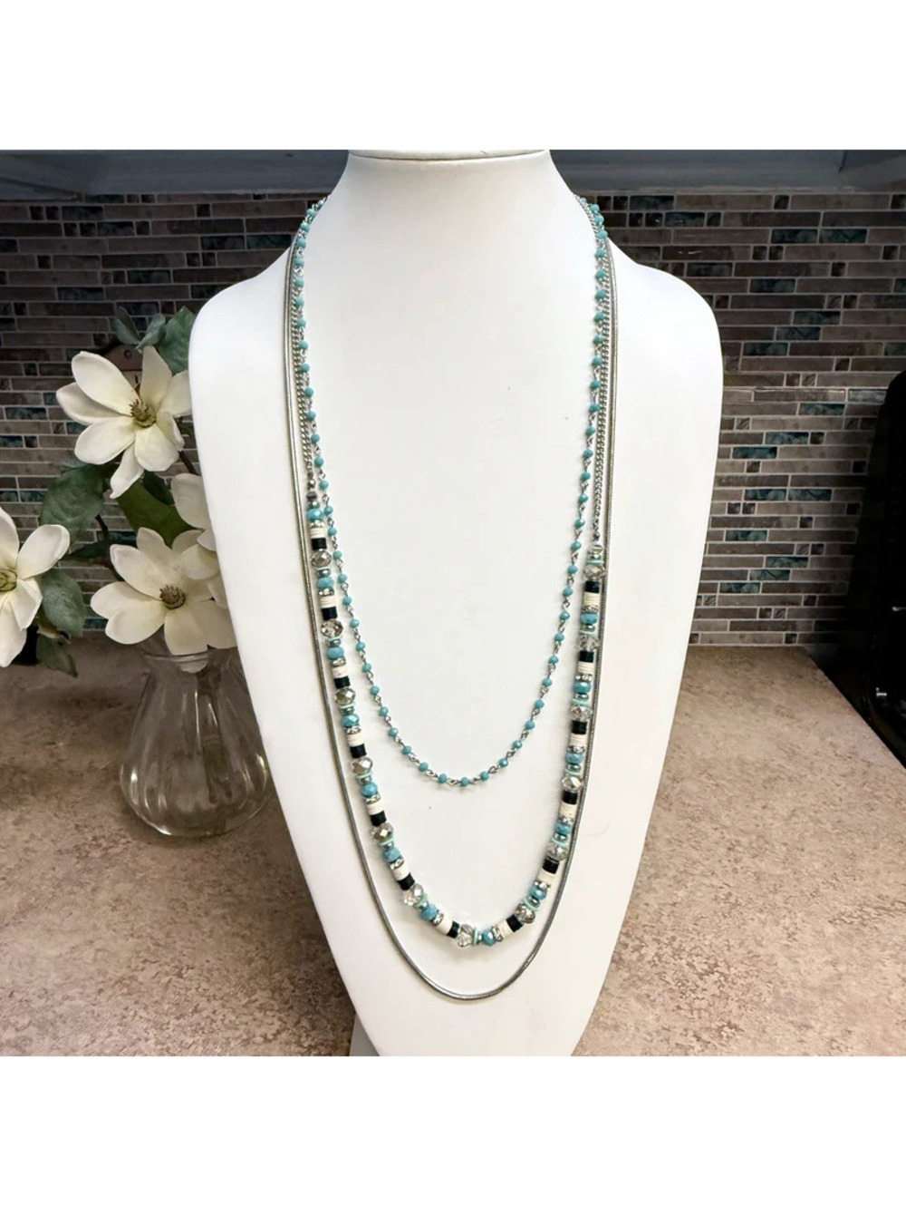 Simply Vera Vera Wang Long Multi Strand Necklace Silver Tone Turquoise Black